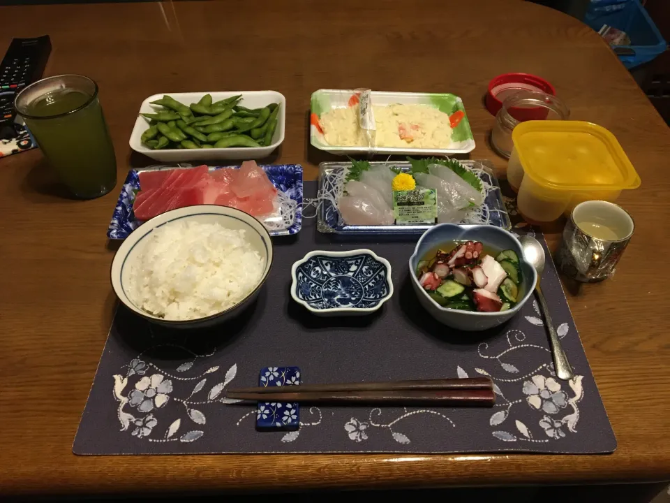 鮪、まとう鯛、ポテトサラダ、酢の物(夕飯)|enarinさん