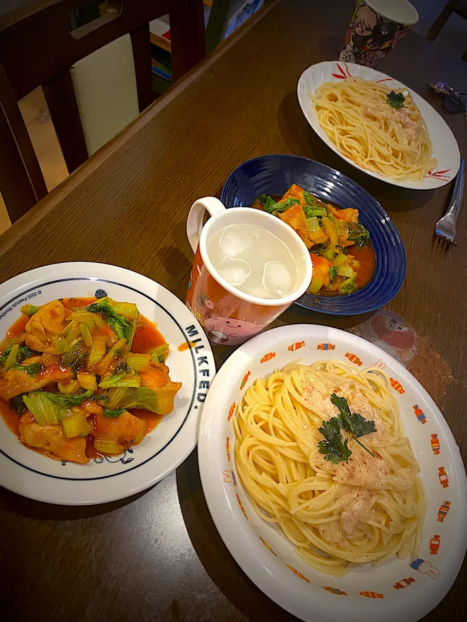 Snapdishの料理写真:明太子クリームパスタ　鶏キムチ|ch＊K*∀o(^^*)♪さん