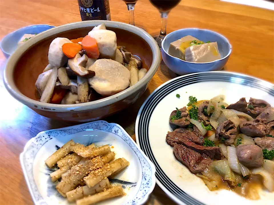 ごぼうの胡麻酢　鶏ハツと新玉ねぎの生姜炒め　煮っ転がし|じゅんさんさん