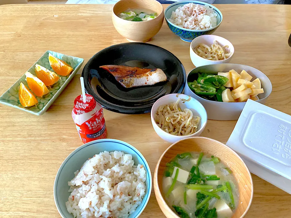 鰤みりん焼き♡モヤシのナムル♡粕漬け2種♡パックのまま納豆♡ほうれん草とお豆腐のお味噌汁♡赤米ご飯♡ヤクルト1000♡清美オレンジ|さくたえさん