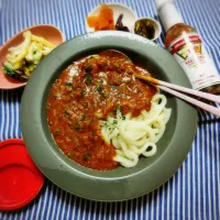 土曜日のお昼ごはん。
🍅キーマカレーうどんʘ⁠‿⁠ʘ