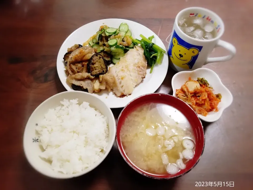 2023年5月15日の晩ご飯
赤魚の西京漬け焼き
茄子と厚揚げの炒め煮
中華くらげときゅうり
ほうれん草のお浸し
大根と玉ねぎのお味噌汁
焼酎水割り|ソラ♂のご飯さん