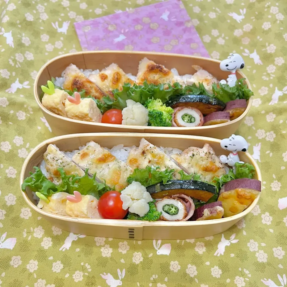 ササミのチーズパン粉焼き☘️の双子ちゃんお弁当💙❤️  5/16火|sweet homeさん