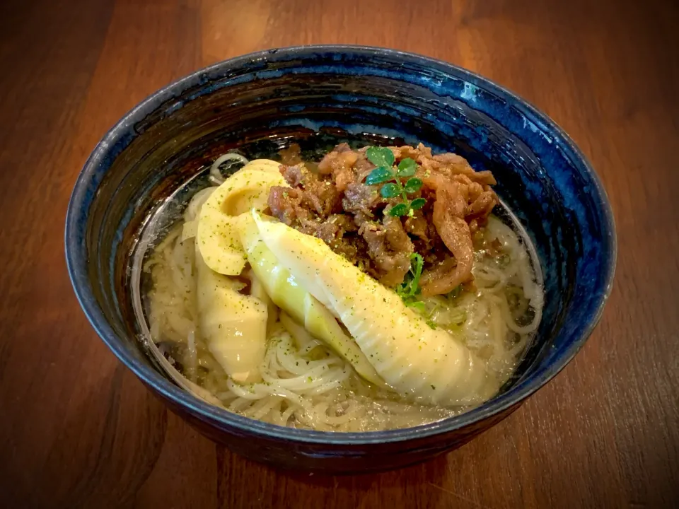 筍と牛山椒煮温めん|半田手延べそうめんの店 阿波や壱兆さん