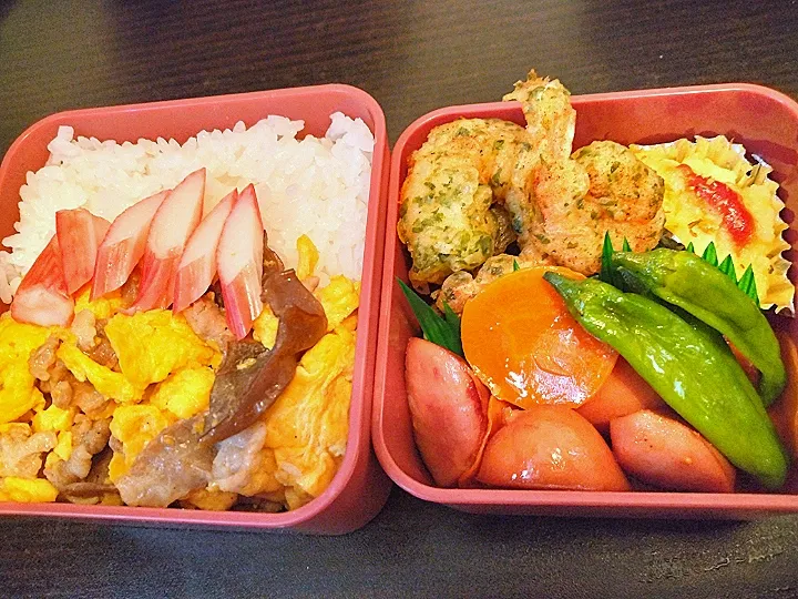 お弁当
・ムーシーロー(きくらげ卵肉炒め)
・ちくわとエビの磯辺揚げ
・ポテトグラタン
・ウインナーししとう人参のソテー
・カニカマ|奥海さん