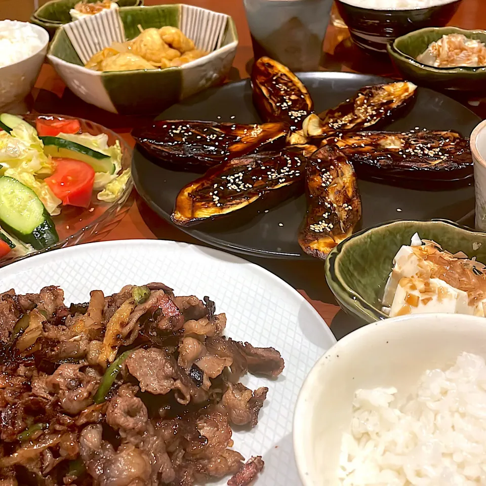 茄子田楽と牛肉のオイスター炒め　　　　　　　　宝袋煮のお夕飯|mokoさん