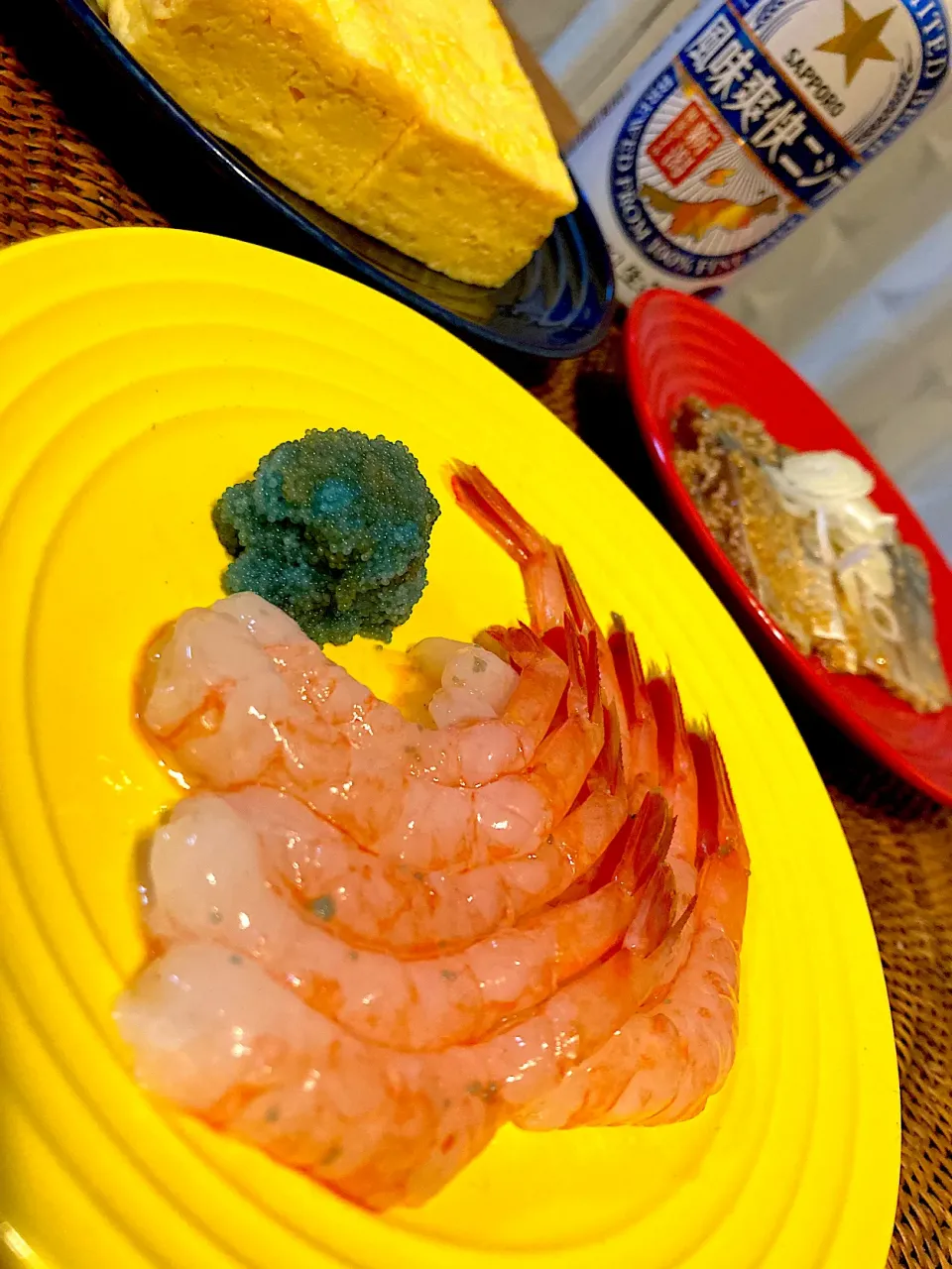 甘海老のお刺身、胡麻サバ、卵焼きに風味爽快ニシテで乾杯です😋🦐🍻💕✨|アイさん