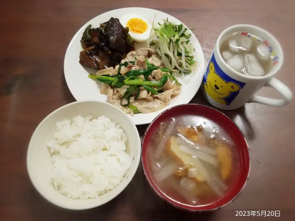 2023年5月20日の晩ご飯
豚肉とにらの炒めもの
茄子とピーマンの甘味噌炒め
大葉入りのさっぱりナムル
さつま揚げと大根のスープ
焼酎水割り|ソラ♂のご飯さん