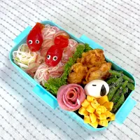 #素麺お弁当 とり天 いんげんの胡麻和え 卵焼き ビアハム うずら卵 ミニトマト