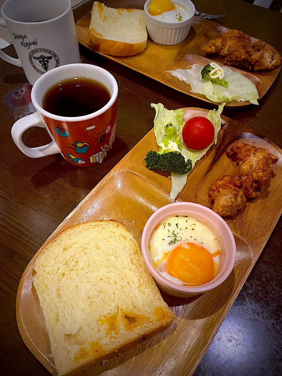 パスタ入りココット　フライドチキン　サラダ　チェダーチーズの食パントースト　コーヒー|ch＊K*∀o(^^*)♪さん