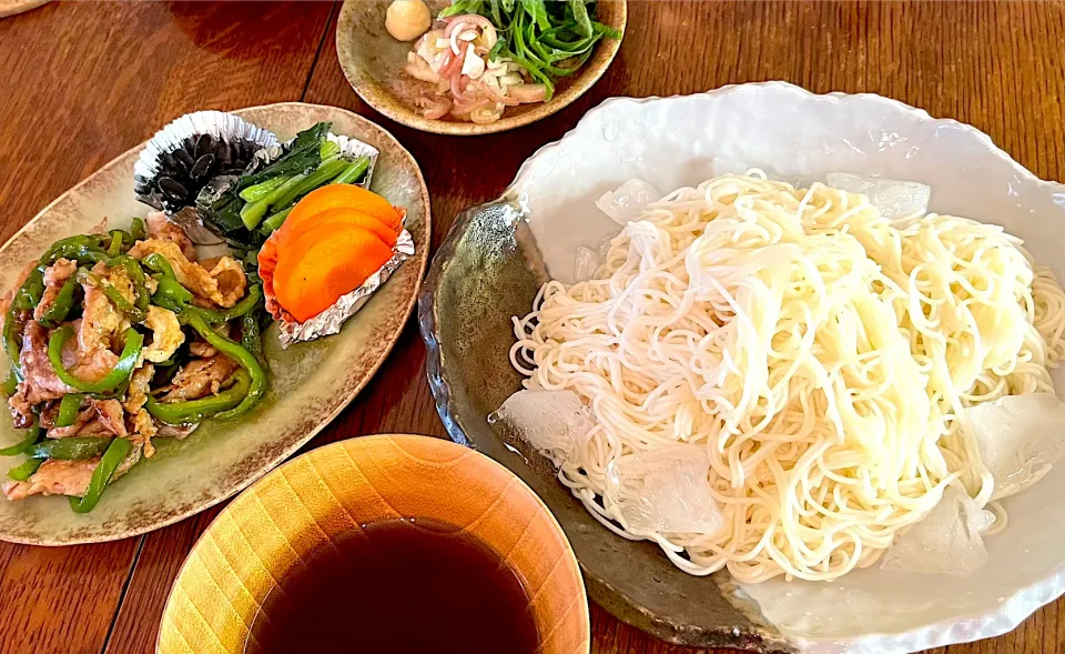 ランチ♯青椒肉絲♯そうめん♯自家製糠漬け|小松菜さん