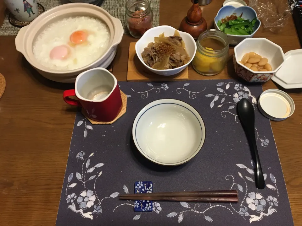 お粥、自家製牛肉のあたま(昼飯)|enarinさん