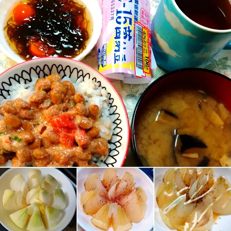 Snapdishの料理写真:納豆ご飯、新玉ねぎのレンジ蒸し|うたかた。さん