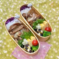 豚肉のまろ酢照り焼き☘️の双子ちゃんお弁当💙❤️ 5/24水