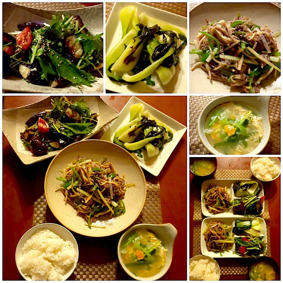 Today's Dinner🍴揚茄子とﾄﾏﾄ&水菜の葱ﾀﾞﾚｻﾗﾀﾞ･青椒肉絲･青梗菜炒めｽｰﾌﾟ煮・韮卵ｽｰﾌﾟ|🌈Ami🍻さん