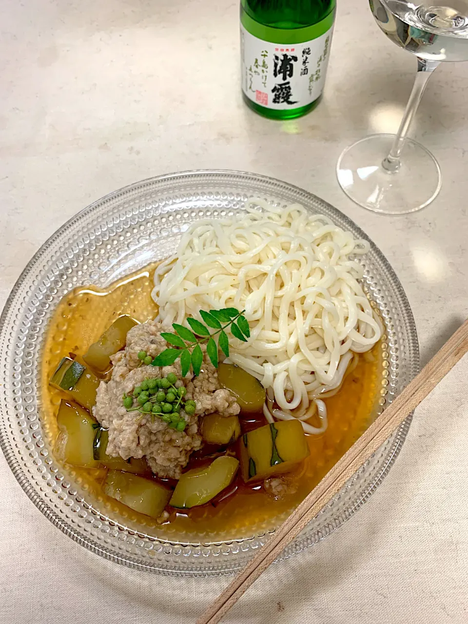 加賀太きゅうりの鶏そぼろあんかけ　　　　　　　冷やしうどん　実山椒で。　#翡翠煮|KimaLABOさん