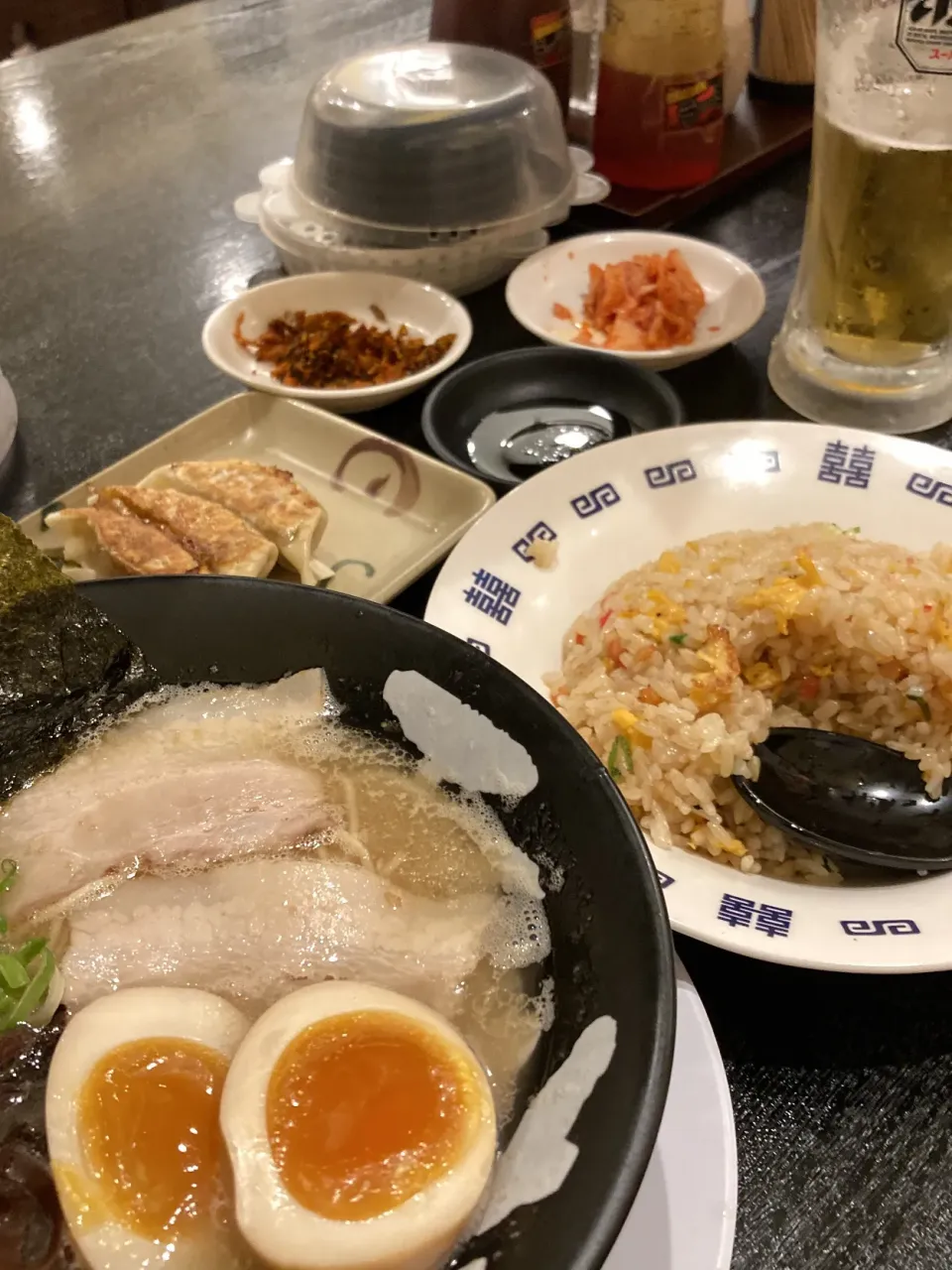 Snapdishの料理写真:ビールラーメン餃子炒飯|rockiさん