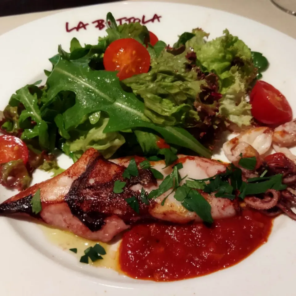 ヤリイカのグリル辛いトマトソースサラダ添え|Sasaky Cookingさん