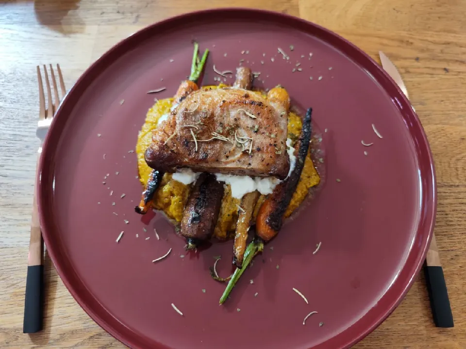 Snapdishの料理写真:Sous vide Iberico pork chop with camerized carrots in Pistachio and Hazelnut Romesco sauce|Jessie's Home Kitchenさん