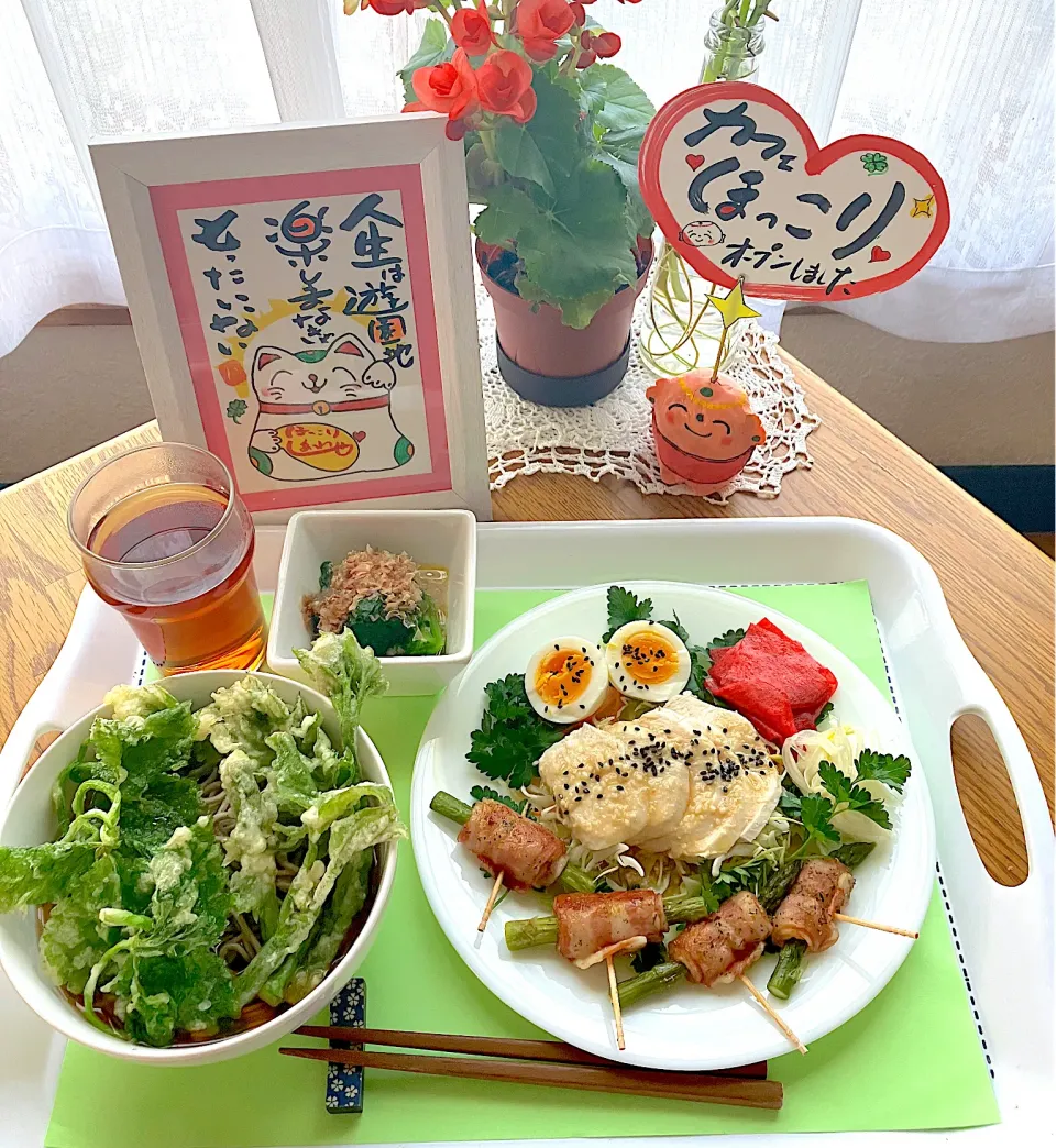 天ぷらそば💪チキンハムサラダ🥗モーニングセット💖|HAMI69さん