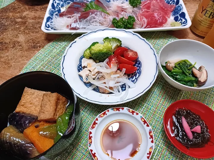 今季初、茄子の揚げ浸しを中心にヱビス🍺の夕べ|ぱいんてーるさん