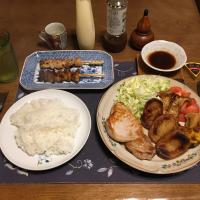 ポークソテー、野菜と薩摩揚げのソテー、サラダ、網焼きして温めたファミマの焼き鳥(夕飯)