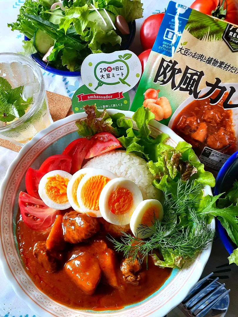 休日のランチは♪
大豆のお肉と食物素材だけで作った丸大食品さんの欧風カレー🍛です🎶|fumfumさん