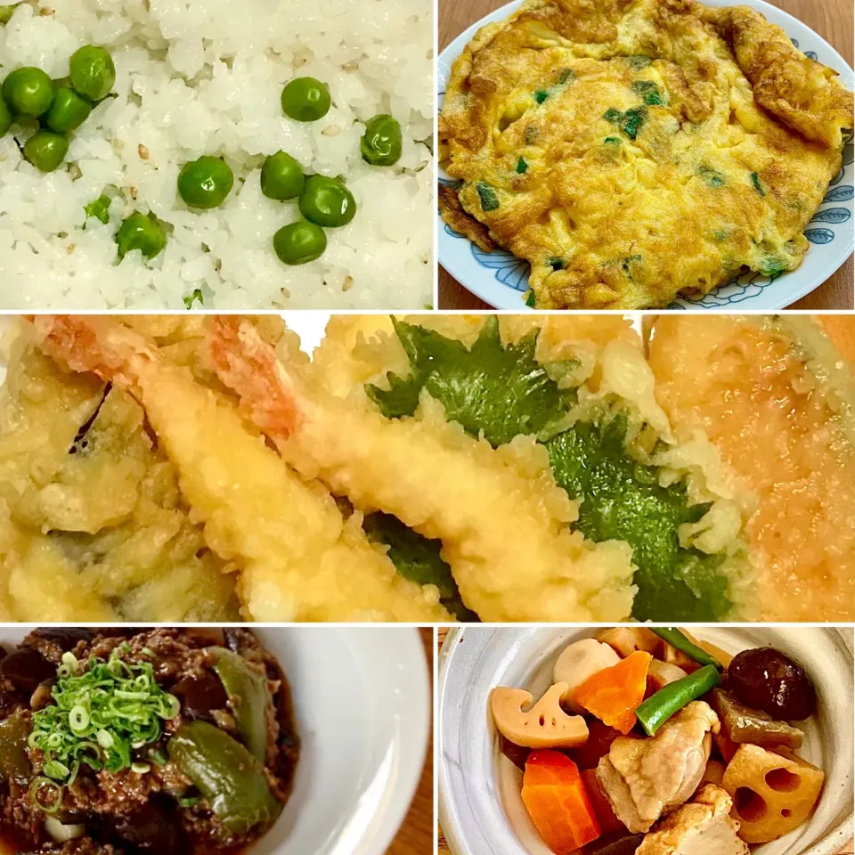 青豆ご飯にニラ玉と精進揚げを添えて晩ごはん|ばくあんしゃさん