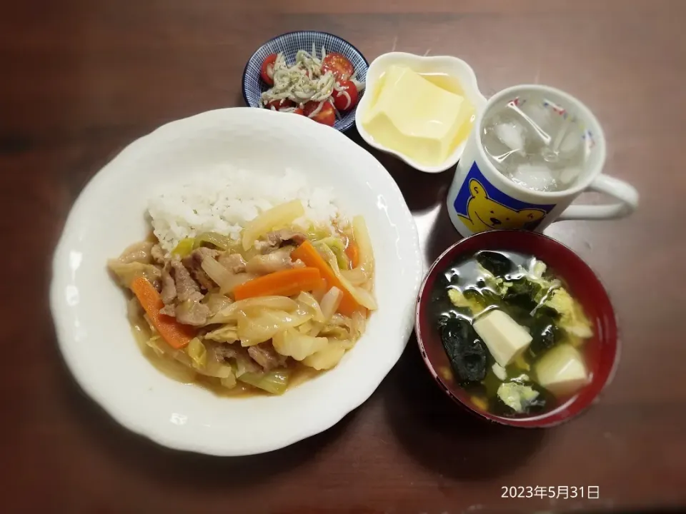 2023年5月31日の晩ご飯
豚こまキャベツの和風丼
玉子豆腐
しらすとミニトマトのサラダ
豆腐とわかめのかき玉汁
焼酎水割り|ソラ♂のご飯さん