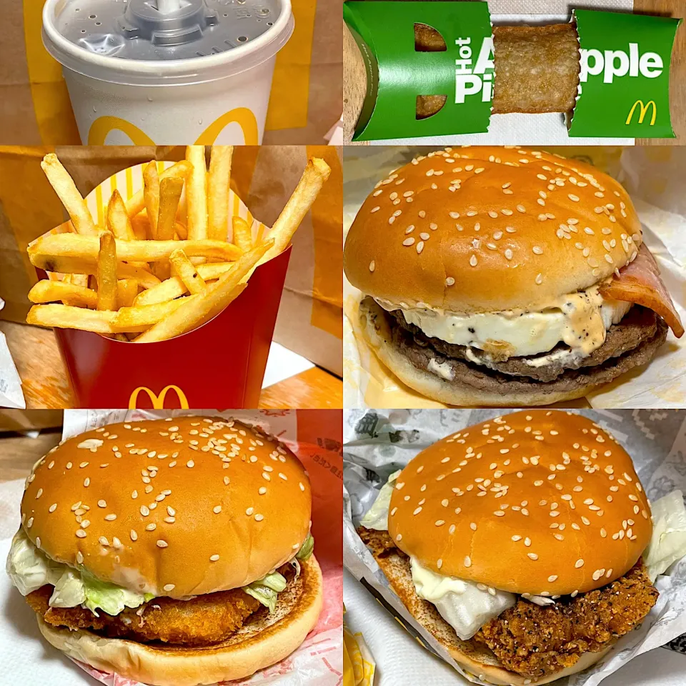 Snapdishの料理写真:焙煎ごまえびフィレオ🍔　たまごダブル🍔　ジューシーブラックペッパー🍔　ポテ🍟　コーラ🥤|るみおんさん