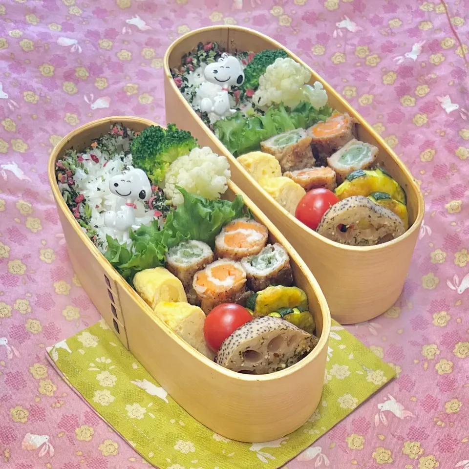 豚バラの野菜巻き☘️の双子ちゃんお弁当💙❤️ 6/1木|sweet homeさん