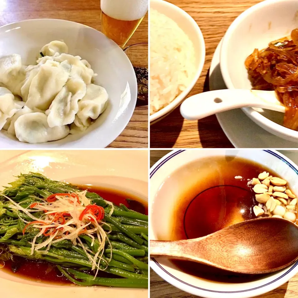 水餃子.青菜のネギ油蒸し.春雨と挽肉の煮込み.中華ゼリー|ばくあんしゃさん