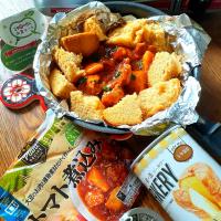ローリングストック&防災レシピ
丸大食品さんのトマト煮込みとパンの缶詰🥫で
カセットコンロを使って蒸し焼きしました～🤗