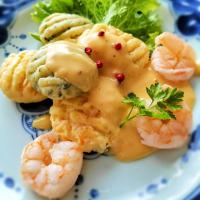 紫蘇の葉と人参の米粉ニョッキのチーズクリーム
