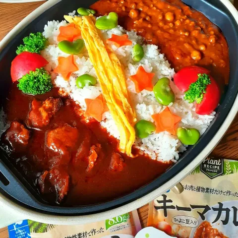 「 PlantRECIPE(プラントレシピ) キーマカレー」を使ってみたSnapdishの料理・レシピ写真:集まれ!大豆ミート料理😊ホットプレートで♪
丸大食品さんのキーマカレー&ソイハヤシWがけ💖