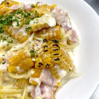 焦がしコーンバターのせクリームパスタ|kikuさん