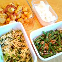☆常備菜☆切り干し大根とかぶの葉のマヨツナサラダ、インゲンと塩昆布のツナサラダ、梅干しじゃがべー、かぶの甘酢漬け