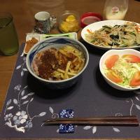 ステーキ丼、野菜炒め、サラダ(夕飯)