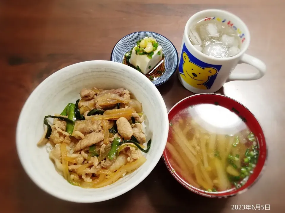 2023年6月5日の晩ご飯
豚丼
ミニ冷奴
えのきと大根のスープ
焼酎水割り|ソラ♂のご飯さん