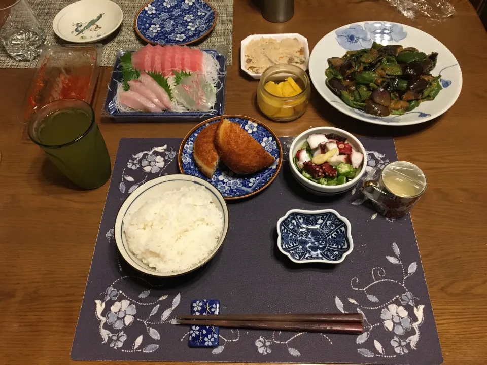 刺身盛り合わせ、なす味噌炒め、酢の物(夕飯)|enarinさん