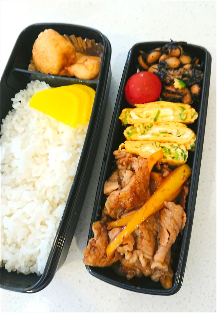 今日のお弁当
パプリカ入り豚しょうが焼き、ネギ入りだし巻き卵、プチトマト、ひじきの煮物、鶏むね肉の唐揚げ|momoさん