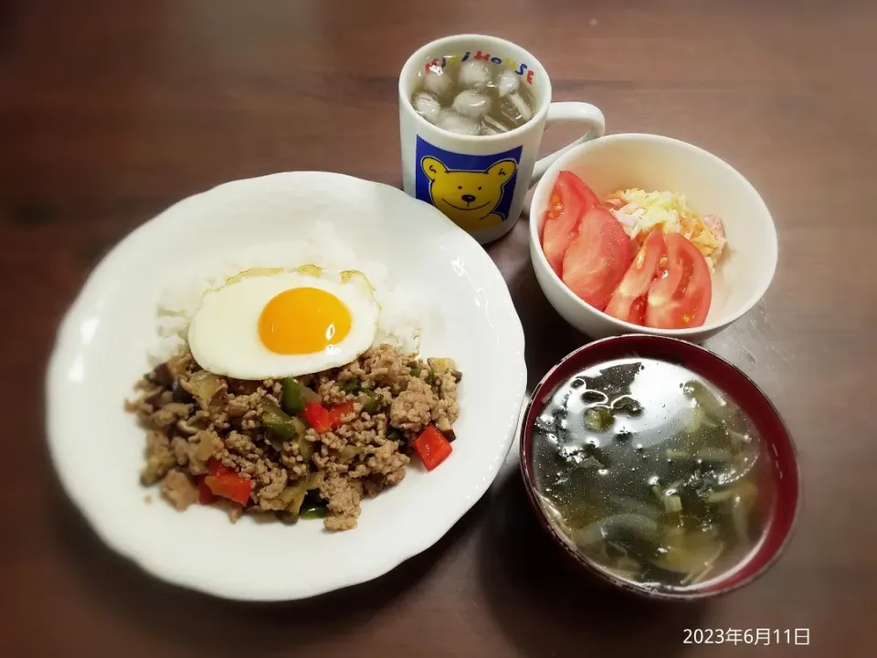 Snapdishの料理写真:2023年6月11日の晩ご飯
和風ガパオライス
コールスロー
えのきとわかめのスープ
焼酎水割り|ソラ♂のご飯さん