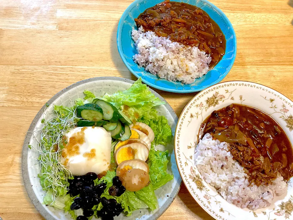 赤ワインたっぷりハヤシライスとお豆腐のサラダ꒰ ♡´∀`♡ ꒱|さくたえさん