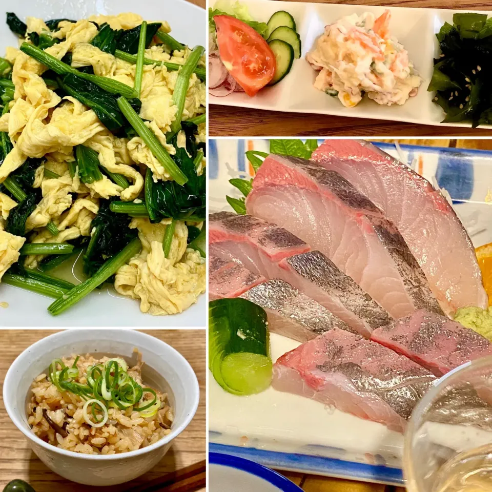 Snapdishの料理写真:「ほうれん草の卵炒め&カンパチのお刺身で晩酌スタート」|ばくあんしゃさん