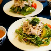 晩ごはんサラダ🥗香味野菜と茹で豚の和風梅ドレサラダ