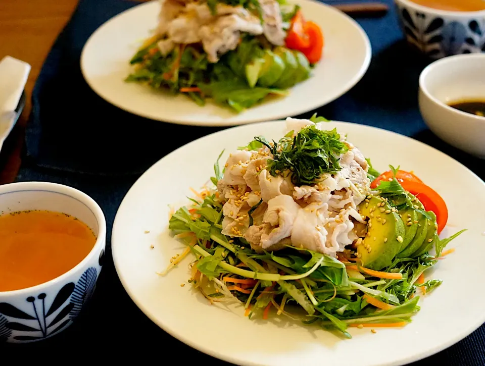 Snapdishの料理写真:晩ごはんサラダ🥗香味野菜と茹で豚の和風梅ドレサラダ|おまつさん