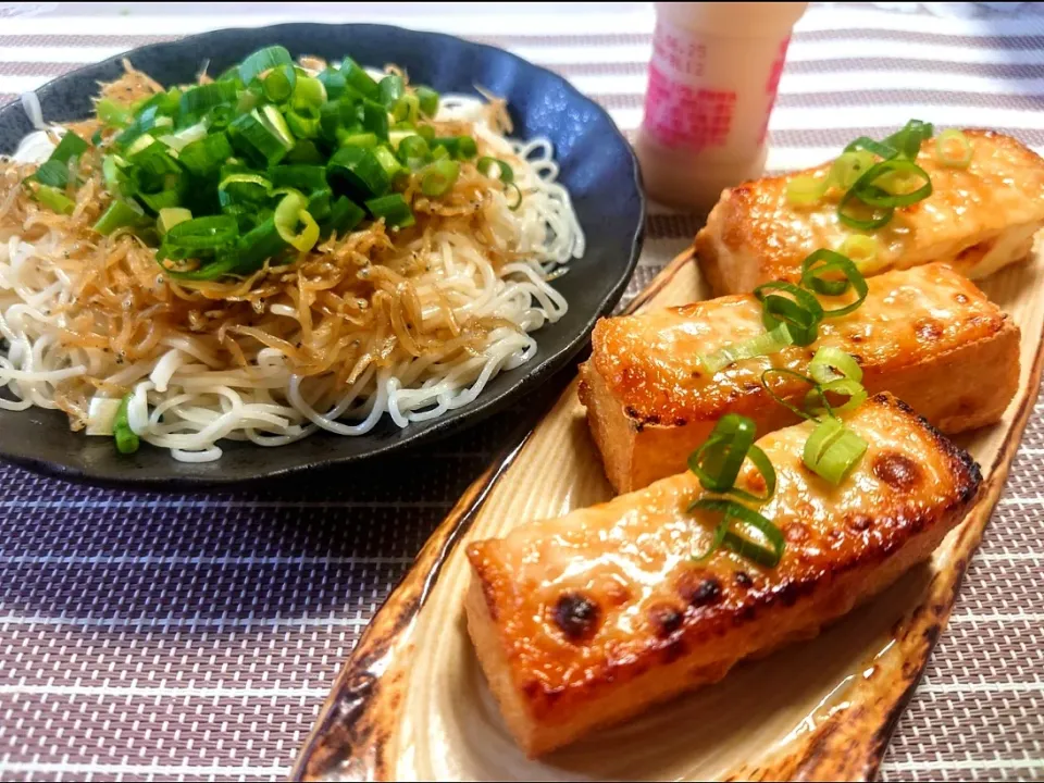 じゃこネギ柚子胡椒だれ素麺
味噌チーズ厚揚げ田楽|マギーさん