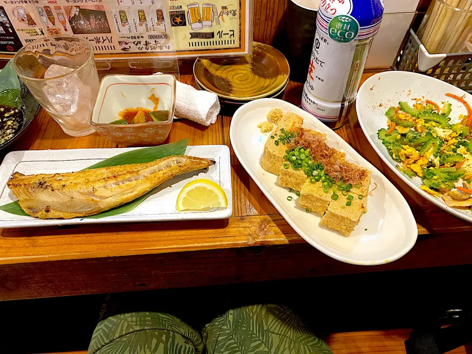 ホッケ・厚揚げ・ゴーヤチャンプル・つくね・胡瓜キムチ🌈四杯目⑧那覇市串角食べ呑み放題¥3,300.-🌈 ©dabasyu|dabasyuさん