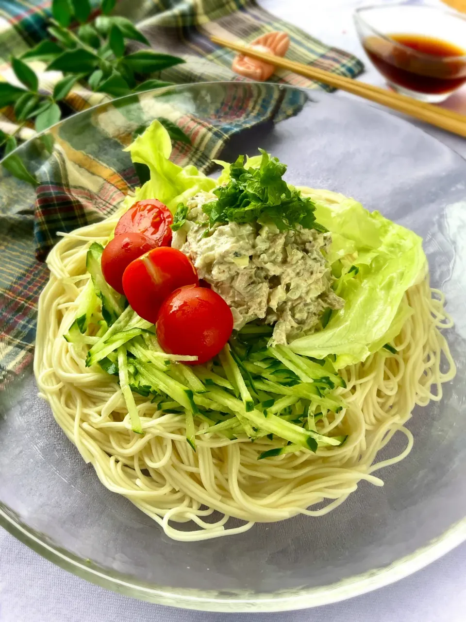 Snapdishの料理写真:ピリッとわさびの鯖マヨそうめん|スイーツポテトさん