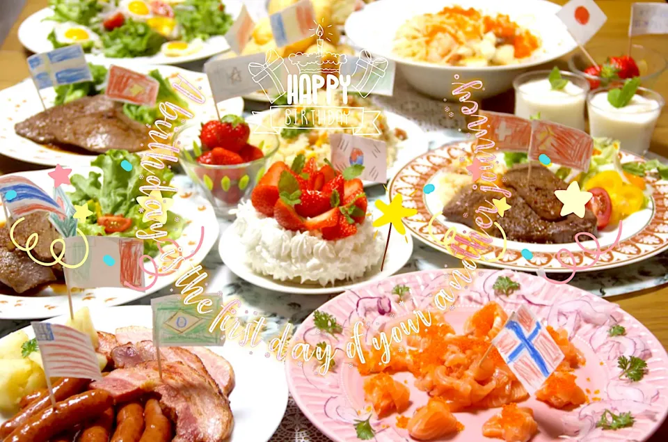 Snapdishの料理写真:特別料理『我が家の手作り子どものお誕生日パーティディナー』【公式】料理研究家　指宿さゆり|【公式】料理研究家　指宿さゆり≫ｽﾀｼﾞｵ（ｽﾀｯﾌ運営）さん